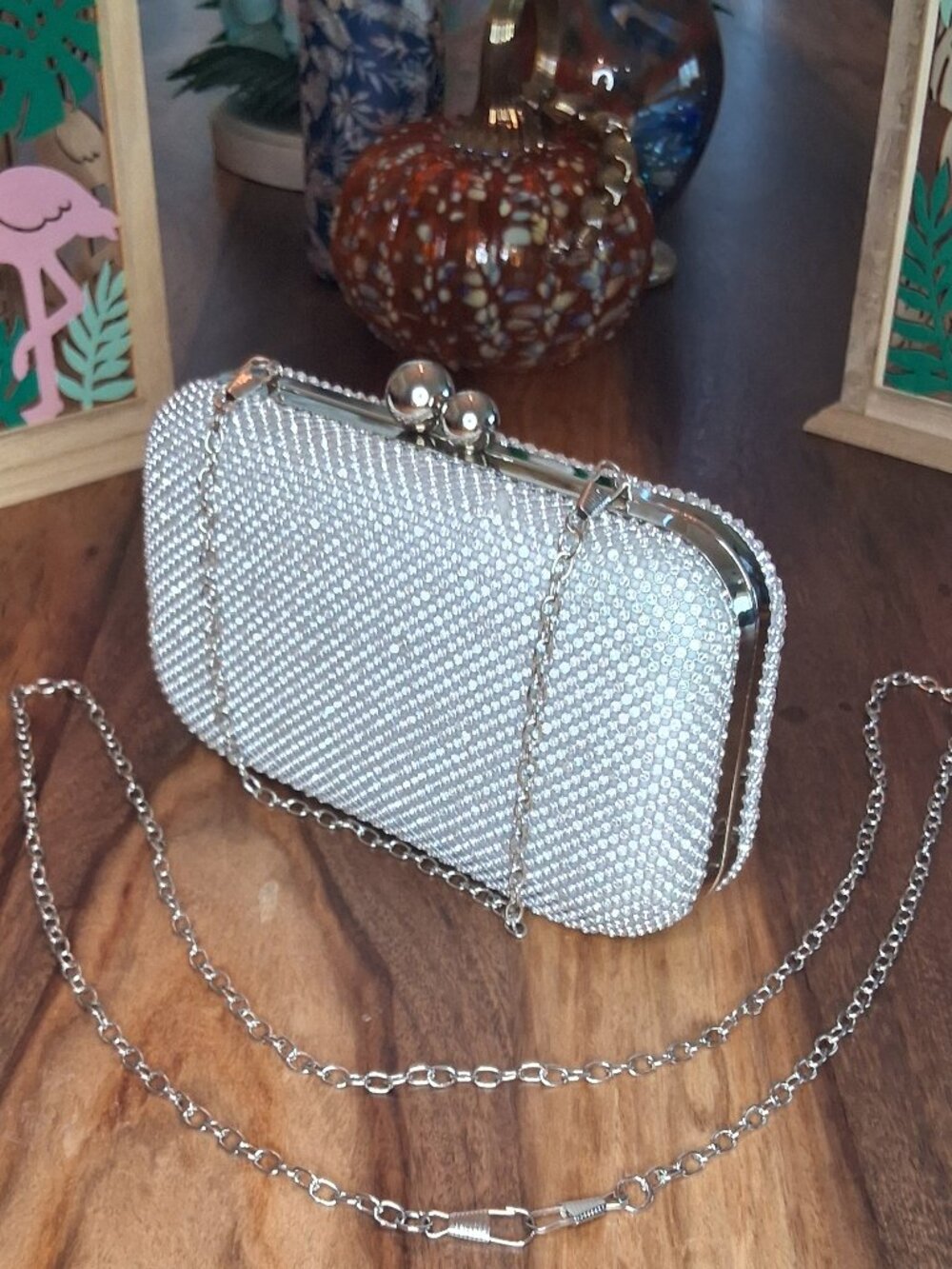 Sparkly Silver Rhinestone Hard Shell Evening Clutch Bag Crossbody Chain